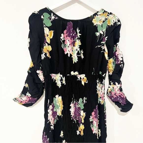 ByTiMo Floral Crepe Smocked Drop Waist Black Floral Gathered Maxi Dress small - Picture 4 of 11